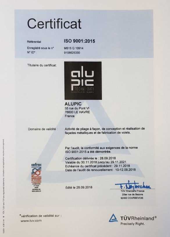 Certification ISO 9001 Version 2015