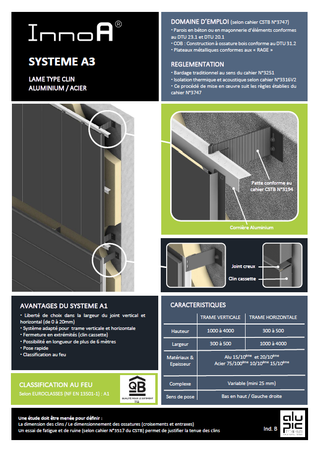 InnoA Système A3 Lames types Clins Aluminium / Acier